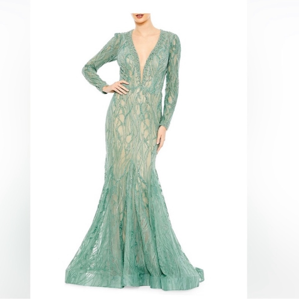 Mac Duggal Mint Green Beaded Long-Sleeve Plunging Neck Gown